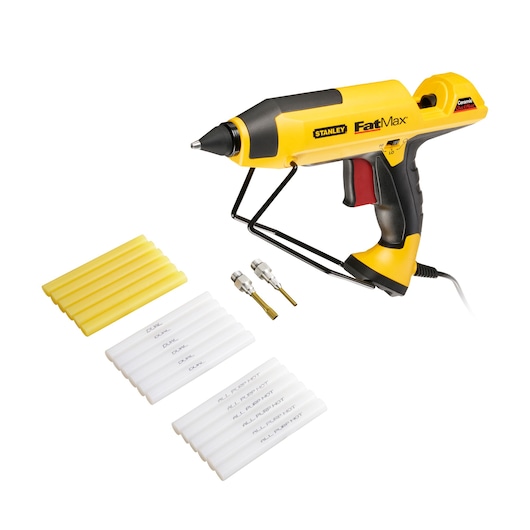 STANLEY FMHT0-70418 FatMax glue gun set with yellow and white glue sticks, nozzles, front angle.