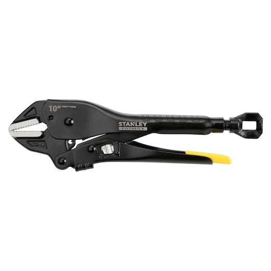 STANLEY FMHT0-74884 locking pliers, black and yellow handle, side view on white background.