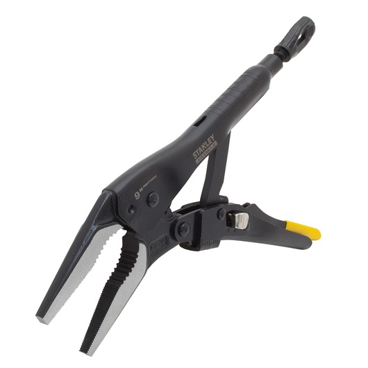 STANLEY FMHT0-74888 locking pliers with long serrated jaws, black and yellow handle, side angle, on white background.