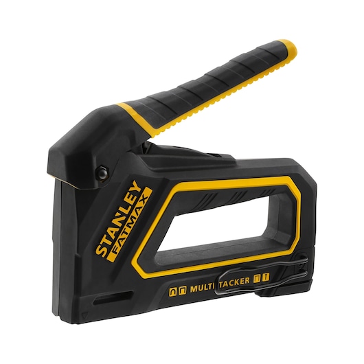 STANLEY FMHT0-80550 hand stapler, black and yellow, side angle on white background.