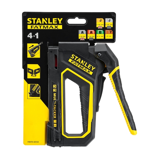 Stanley FMHT0-80550 hand stapler, FATMAX series, black and yellow, front angle, in retail packaging.