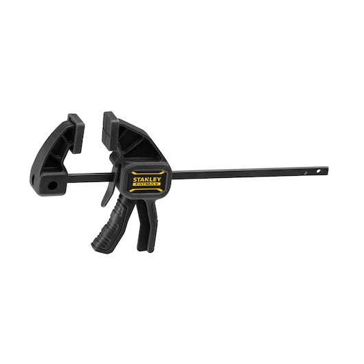 STANLEY FMHT0-83231 photography of black FATMAX trigger clamp, side angle on white background.