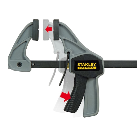 STANLEY FMHT0-83231 photography showing grey and black clamp with trigger and red arrows indicating movement, side angle.