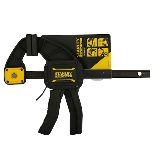 Photo of STANLEY FMHT0-83234 hand clamp, black and yellow, side angle, with ergonomic grip and FatMax branding.