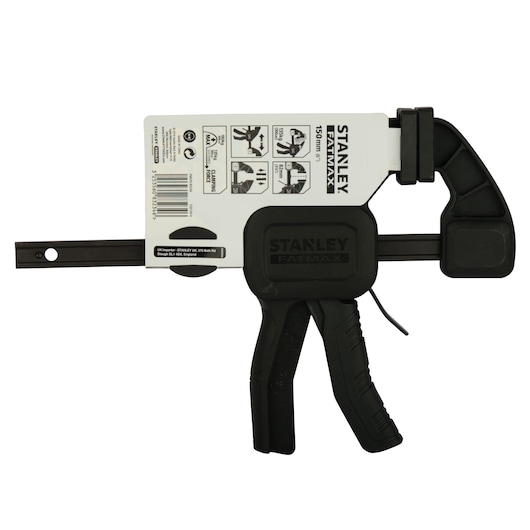 STANLEY FMHT0-83234 quick grip bar clamp black handle, side angle on white background.