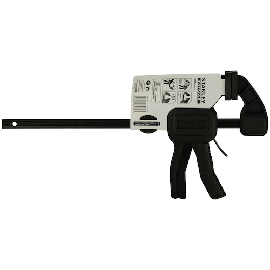 Photo of STANLEY FMHT0-83235 bar clamp with trigger handle, black, front angle on white background.