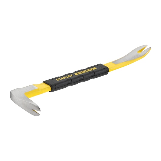 Stanley FatMax yellow pry bar with black grip and two forked metal ends for demolition and nail removal.