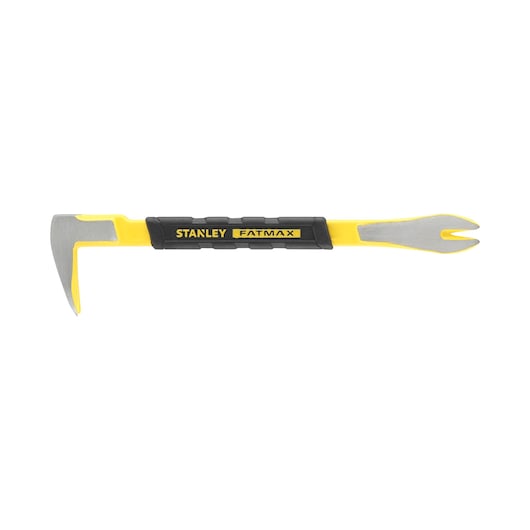 Stanley FatMax yellow and black pry bar with curved claw and forked end.