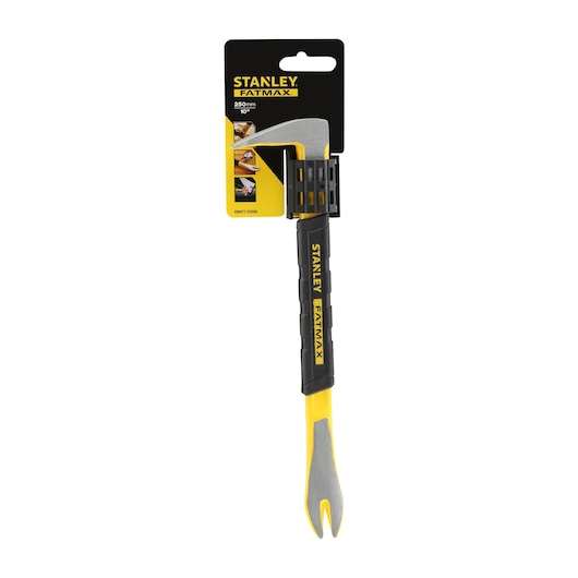Photo of STANLEY FMHT1-55008 FatMax pry bar with black and yellow handle, front angle, on white background.