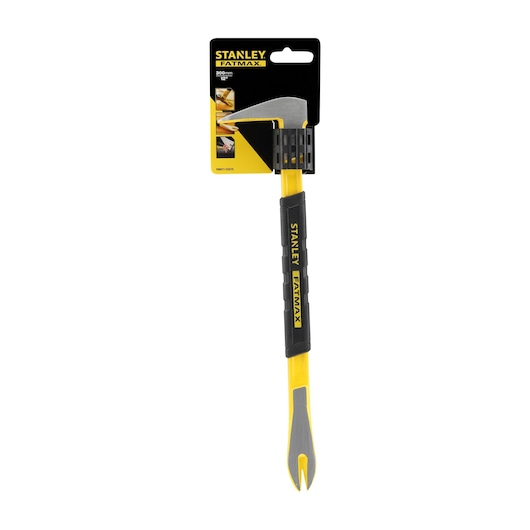 STANLEY FMHT1-55010 pry bar with yellow and black handle, photo of front angle on white background.