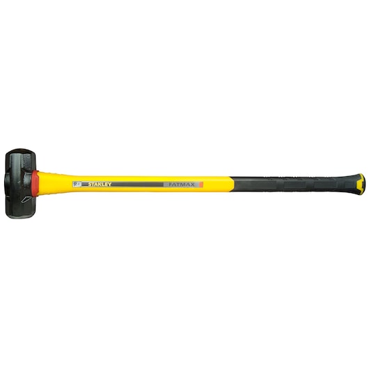 STANLEY FMHT1-56019 sledgehammer with yellow and black fiberglass handle, side view on white background.