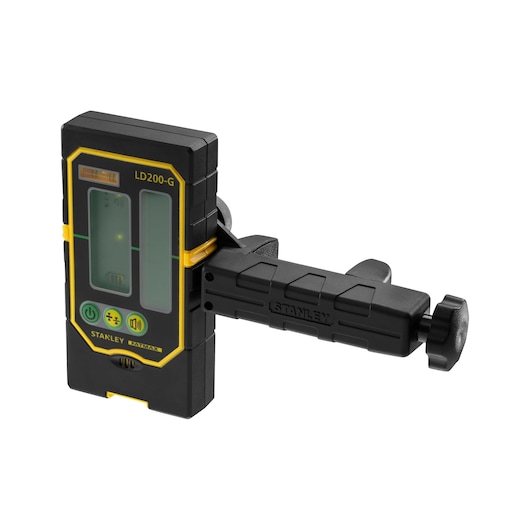 STANLEY FMHT1-74267 laser receiver with clamp, black and yellow, front angled view, photo on white background.