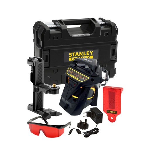STANLEY FMHT1-77357 photography kit with black case, laser tool, red glasses, charger, and accessories, front angle.