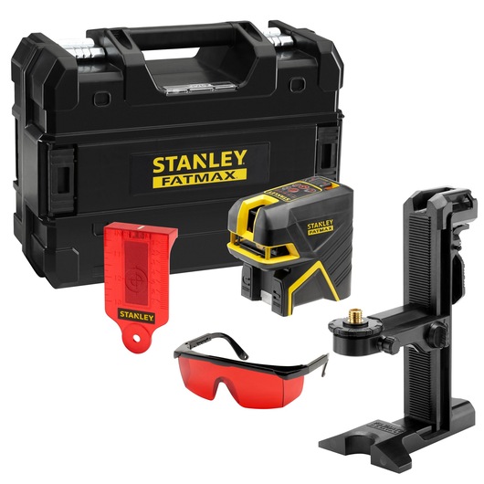 STANLEY FMHT1-77414 laser level kit with black case, bracket, red glasses, and red target, front angle.