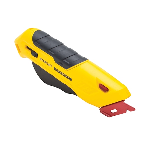 Stanley FATMAX yellow and black utility knife, angled side view on white background, with red safety blade exposed.