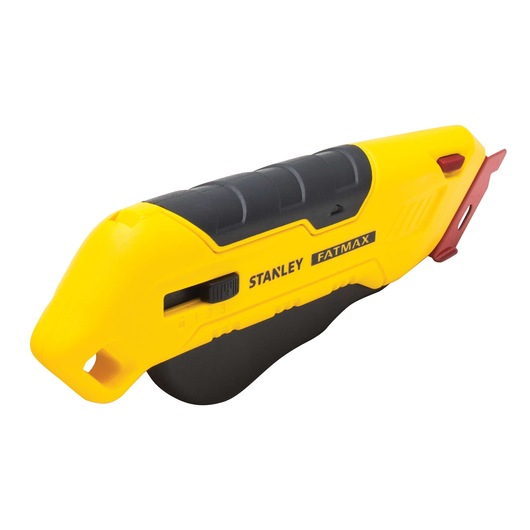Stanley FATMAX yellow and black utility knife with retractable blade, angled side view on white background