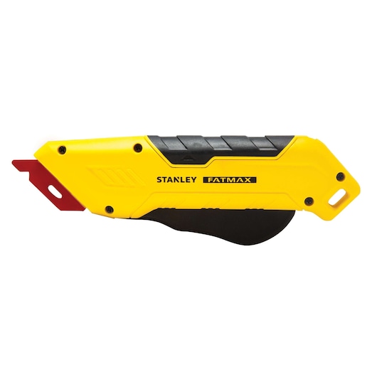 Stanley FATMAX utility knife, side view on white background, yellow and black handle with red blade.