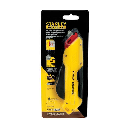 Stanley FMHT10362 Fatmax left-handed safety knife in yellow packaging, front view.