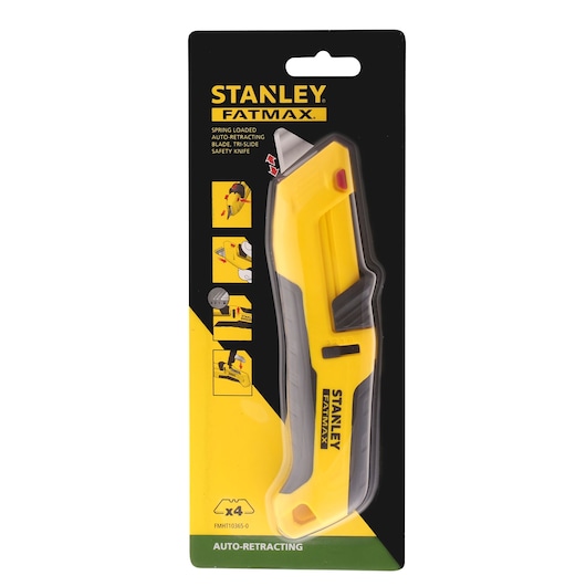 Stanley FMHT10365-0 FatMax spring loaded auto-retracting safety knife, yellow and black, front packaging view.
