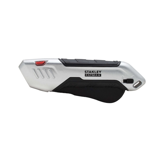 STANLEY FMHT10370-0 utility knife, silver and black, side angle, with red slider and ergonomic grip.