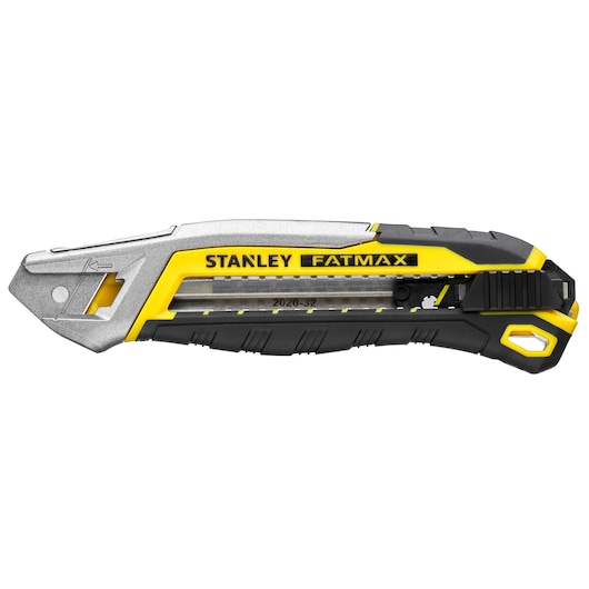 STANLEY FMHT10594-0 utility knife, black and yellow, side view, silver blade holder, FATMAX branding.