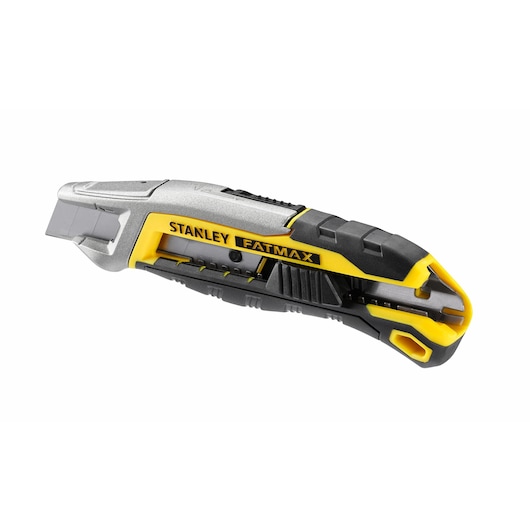 Photo of STANLEY FMHT10594-0 utility knife, yellow and black, side view, with retractable blade.