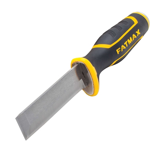 Stanley FATMAX chisel with black and yellow ergonomic handle, side angle on white background