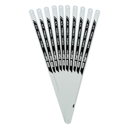 Set of eight STANLEY bi-metal hacksaw blades, 12-inch length, arranged in a fan shape.