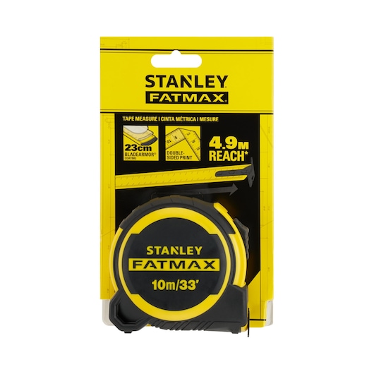Photo of STANLEY FMHT33104-5 FATMAX 10m/33' tape measure, black and yellow, in retail packaging, front angle.