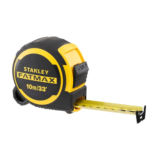Stanley FatMax 10m/33’ yellow and black tape measure with extended blade.
