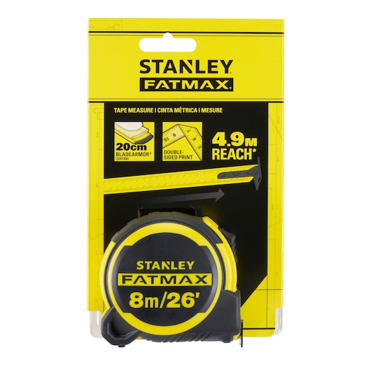 STANLEY FMHT33105-5 tape measure, FATMAX, 8m/26ft, yellow and black, front angle, in packaging.