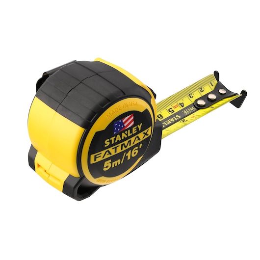 STANLEY FMHT36317-0 tape measure, FATMAX 5m/16', yellow-black, angled product photo, white background.