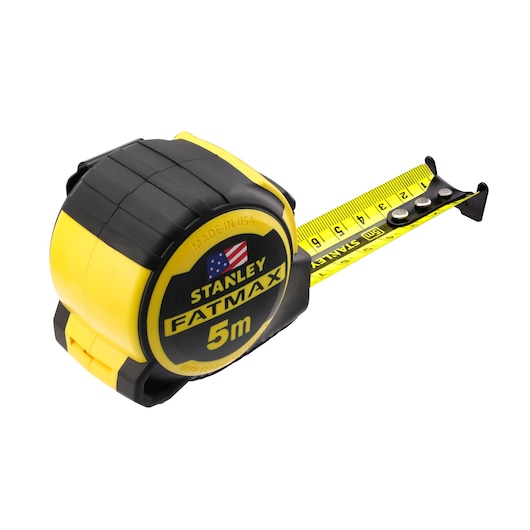 STANLEY FMHT36318-0 tape measure, 5m, yellow and black, side angle, extended metric tape.