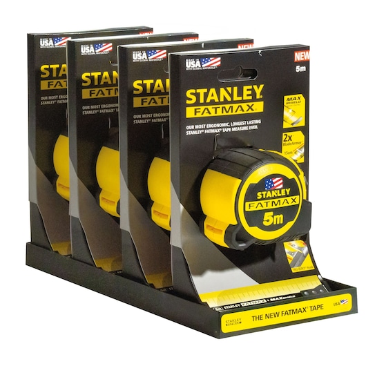 Stanley FMHT36318-0 tape measures in retail display, yellow and black, 5m length, front angle.