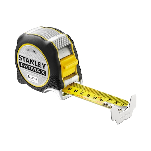 STANLEY FMHT38215-5 tape measure, yellow and black casing, extended yellow blade, product angled on white background.