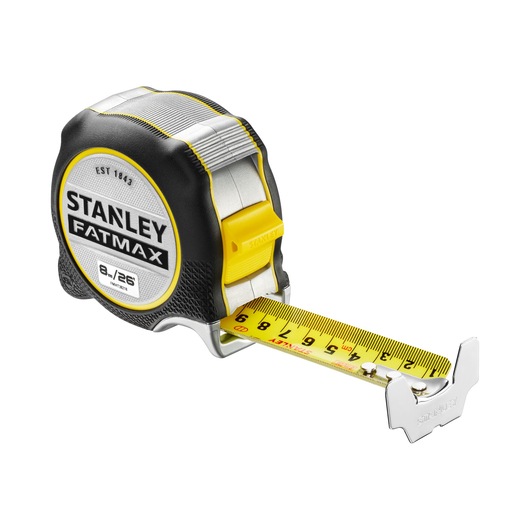 STANLEY FMHT38218-5 tape measure, FATMAX series, yellow and black, side angle on white background.