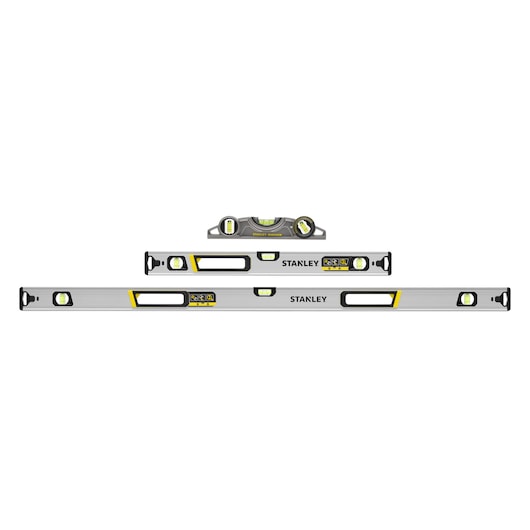 STANLEY FMHT43681-1 spirit level set, three aluminum levels with yellow vials, front view on white background.