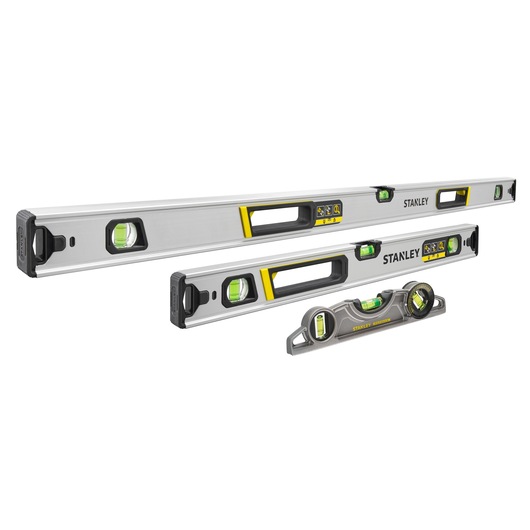 Photo of three STANLEY FMHT43681-1 spirit levels in varying lengths, silver with black and yellow accents, side angle.