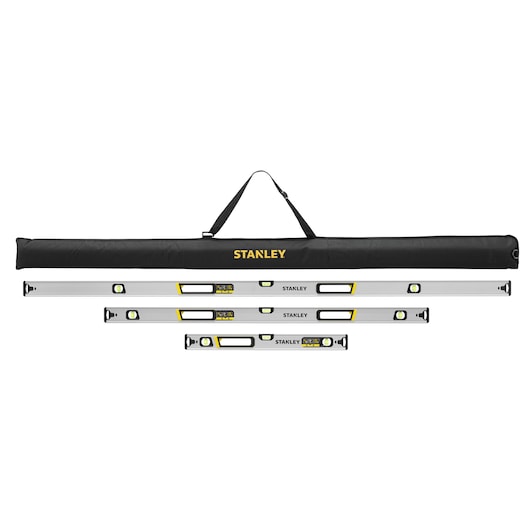 STANLEY FMHT43682-1 aluminum level set with three spirit levels and black carrying case, front view on white background.