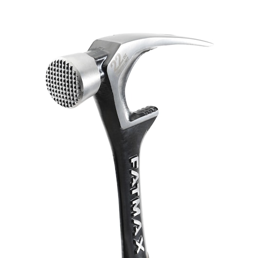 STANLEY FMHT51367-2 claw hammer, black and silver, milled face, close-up side view.