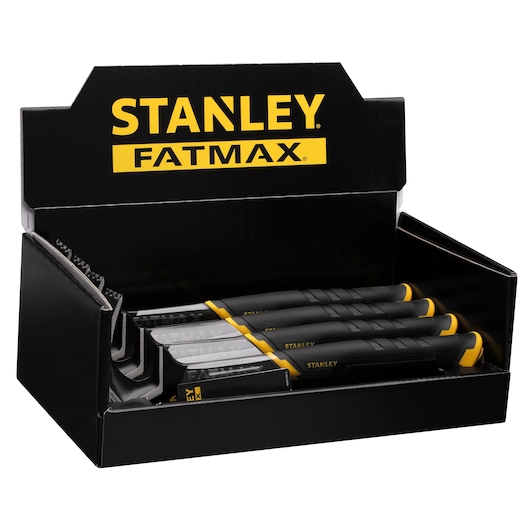 STANLEY FMHT51367-2 chisels set in black FATMAX branded retail box, front angle photography