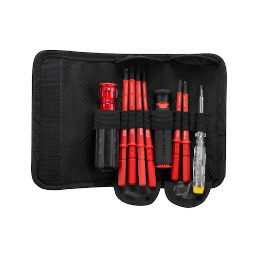 STANLEY FMHT66426-0 insulated screwdriver set in black case, photographed from above on white background.