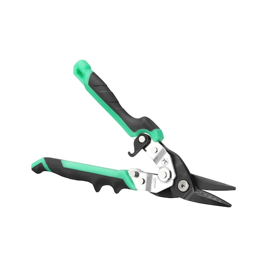 Stanley green and black aviation snips with ergonomic handles and metal blades on a white background.