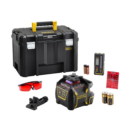 STANLEY FMHT77446-1 laser level kit with black toolbox, red glasses, batteries, detector, target, mount, front angle