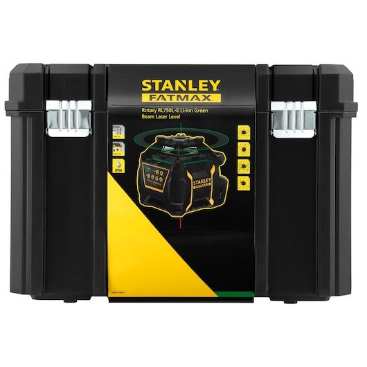 Photo of STANLEY FMHT77448-1 black hard case for RL750L-G laser level, front angle with yellow accents.