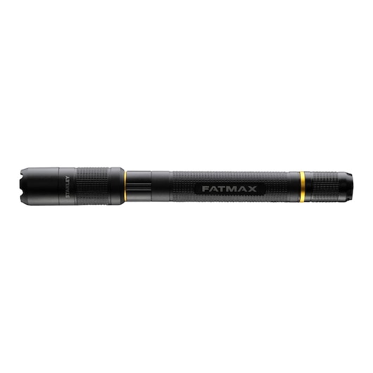 STANLEY FMHT81510-0 black and yellow metal flashlight, side view, with textured grip and FATMAX branding.