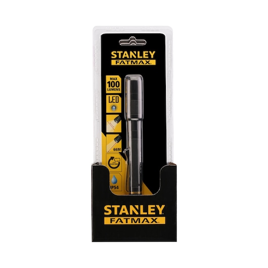 Stanley FMHT81510-0 LED torch in retail packaging, photographed from the front.
