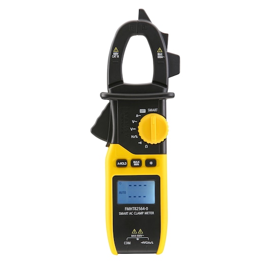 STANLEY FMHT82564-0 smart AC clamp meter, yellow and black, front view, digital screen and rotary dial.