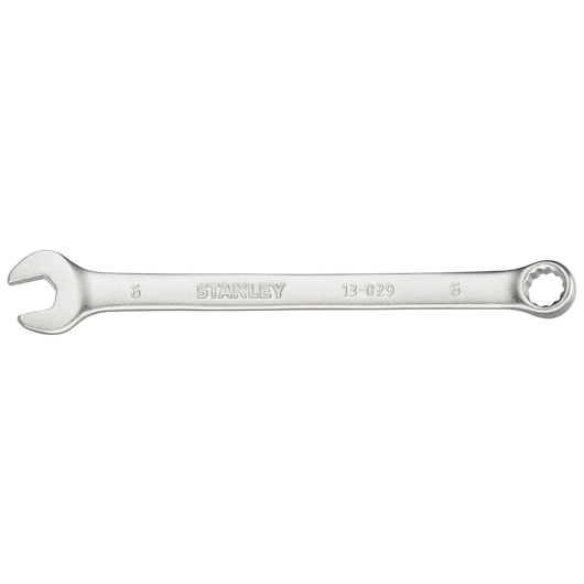 Photo of STANLEY FMMT13029-0 combination wrench, chrome finish, open-end and box-end, top view on white background.