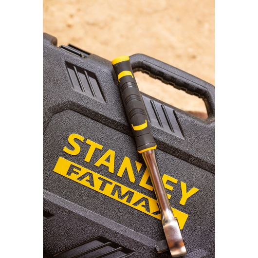 Photo of STANLEY FMMT82685-1 tool case with STANLEY FATMAX branding and a handled tool resting on top.
